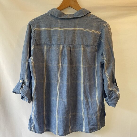 100% Linen Classic Blouse Blue Button Down Shirt Parisian Works Medium Petite - Picture 6 of 8